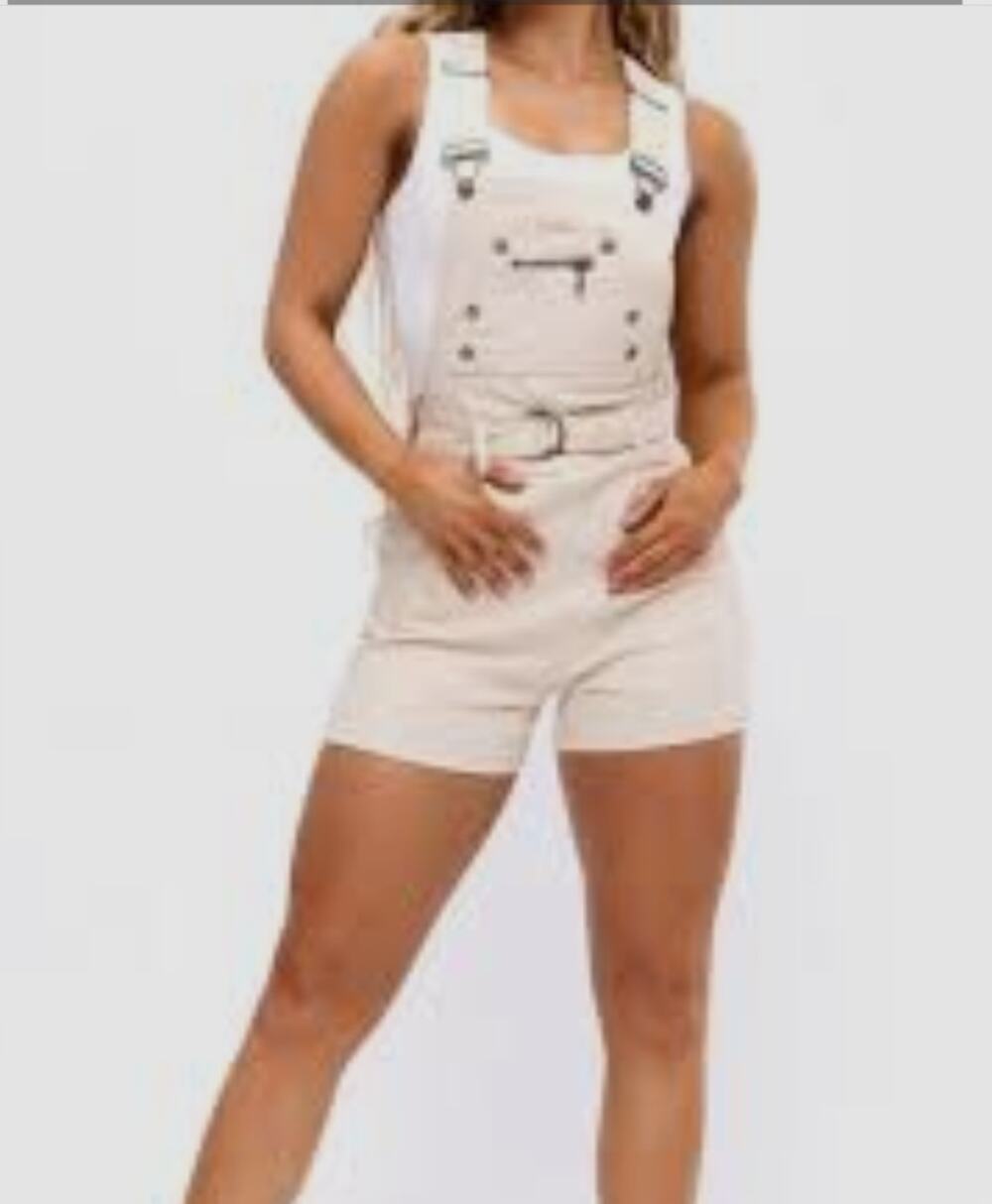 Buffbunny Ivory Over it alls Short Overalls Sz L Adjustable Strap Cotton Stretch